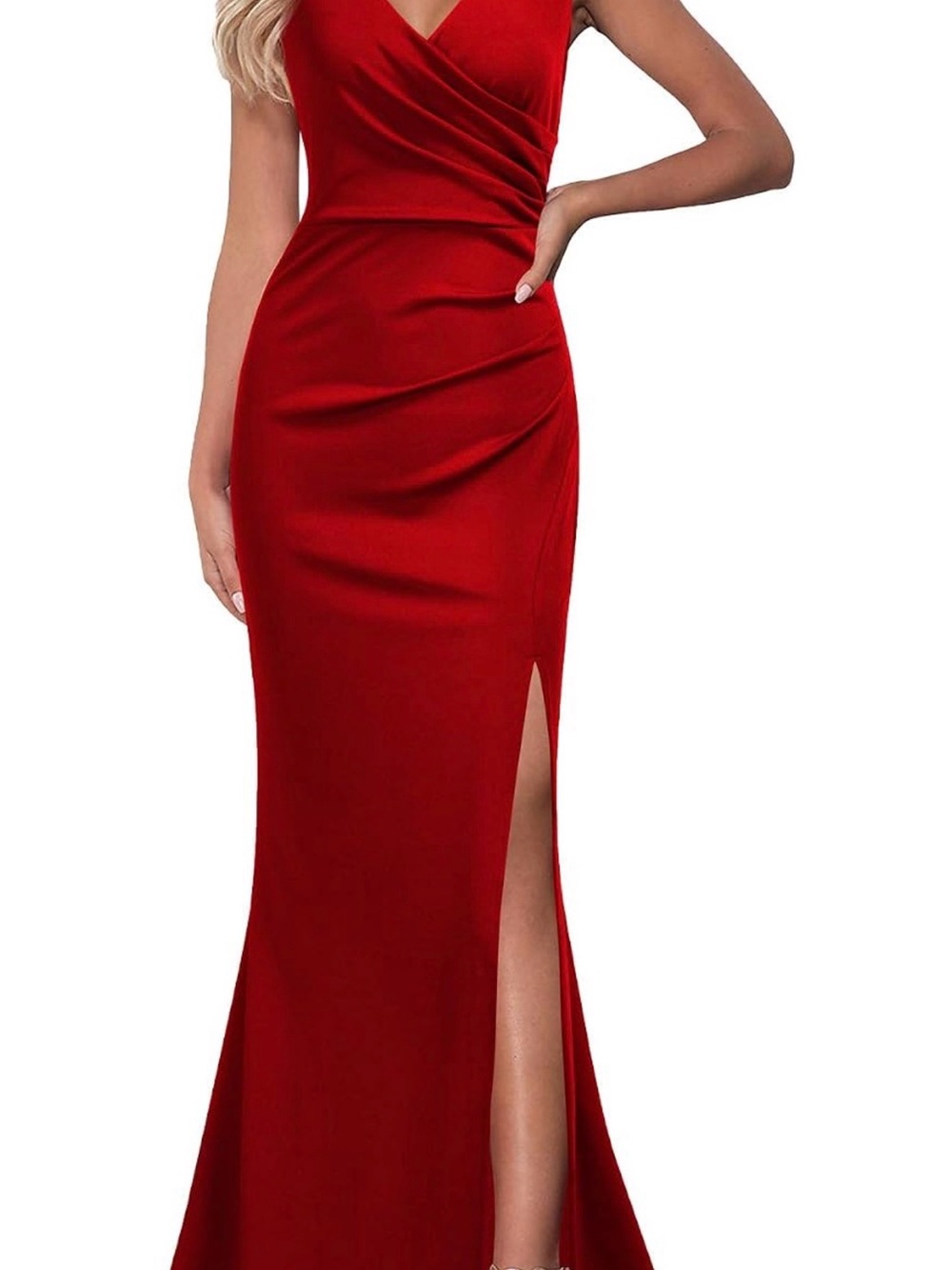 Red V-Neck Side-Slit Evening Dress - Women